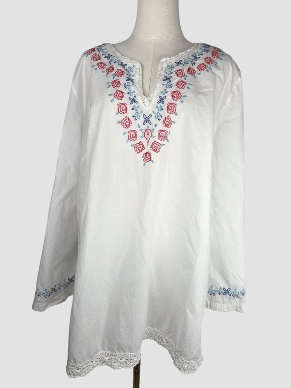 VTG 90s Spiegel Boho White Embroidered Cross Stitch Blouse Sz L Peasant Floral